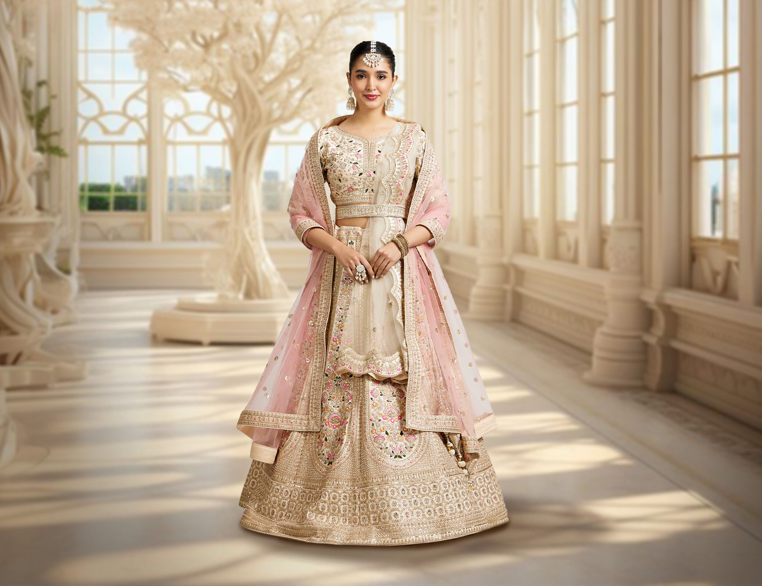 A bride wearing a red embroidered bridal lehenga